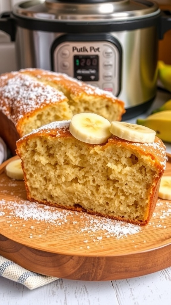 A slice of moist steamed banana bread on a plate, garnished with banana slices and powdered sugar.